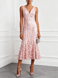 Light Pink 3D Floral Embroidery Classic V Neck Sleeveless Mermaid Midi Dress