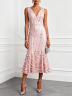 Light Pink 3D Floral Embroidery Classic V Neck Sleeveless Mermaid Midi Dress