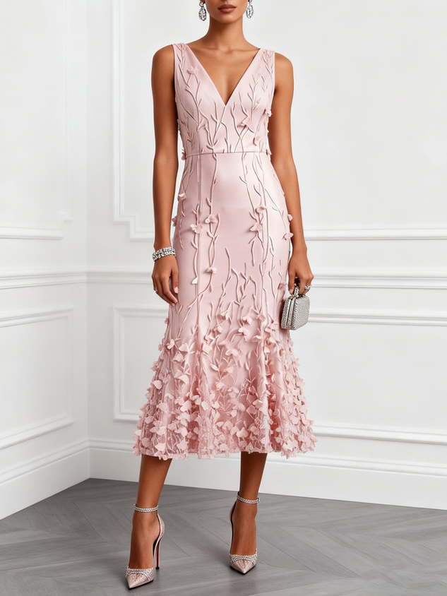 Light Pink 3D Floral Embroidery Classic V Neck Sleeveless Mermaid Midi Dress