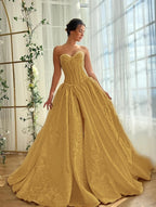 Satin V-Neck Strapless Sleeveless Long A-Line Prom Dress With Split And Pleated YK0614