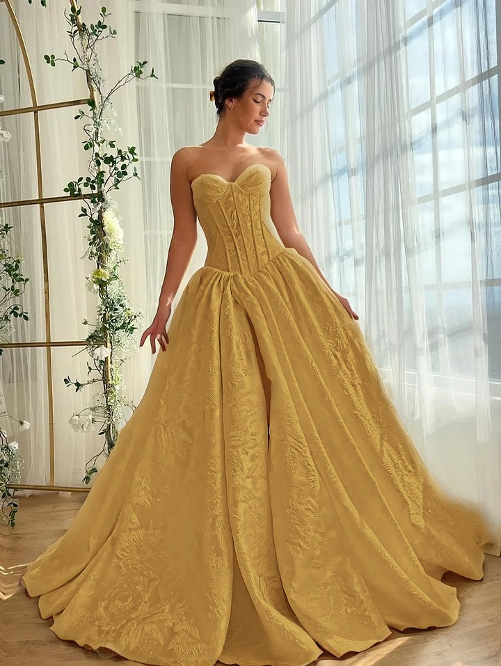 Satin V-Neck Strapless Sleeveless Long A-Line Prom Dress With Split And Pleated YK0614