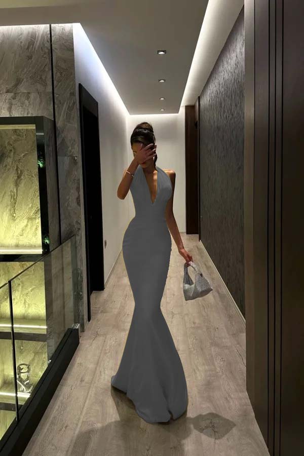Halter V Neck Sleeveless Long Mermaid Prom Dress With Pleated YK0104