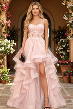 Cocoslly Spaghetti Straps Sleeveless High Waist Long Prom Dress With Beading Pearls And Split | Black Tulle LR0136