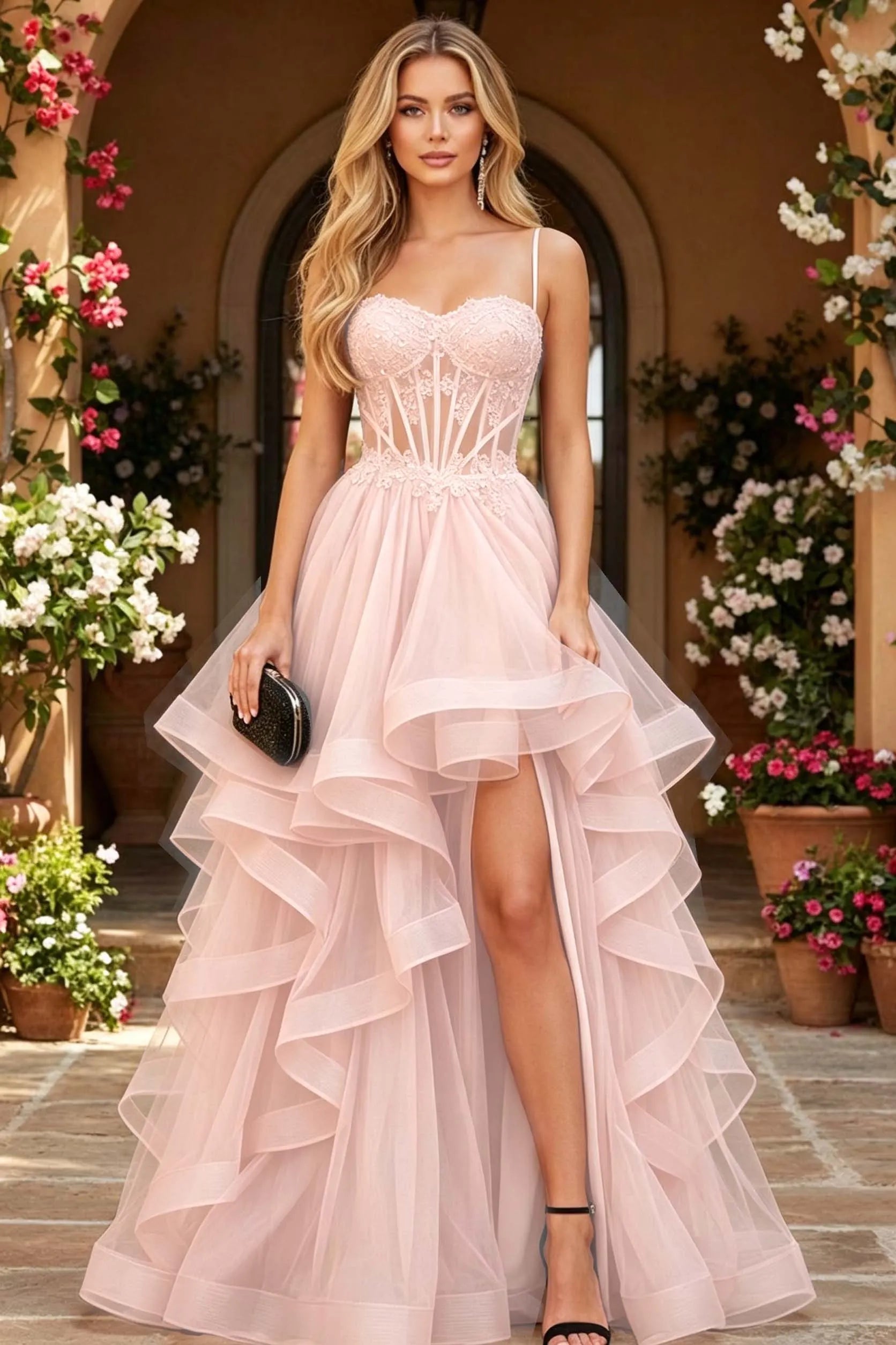 Cocoslly Spaghetti Straps Sleeveless High Waist Long Prom Dress With Beading Pearls And Split | Black Tulle LR0136