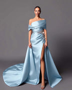 Satin Asymmetric Off-The-Shoulder Sleeveless Long Pleated Mermaid Prom Dress With Appliqués And Split YK0598