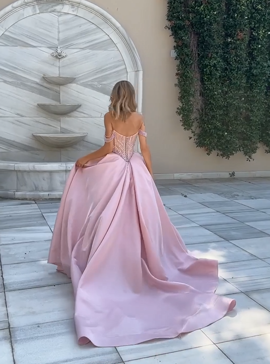 Cocoslly Sweetheart Off-The-Shoulder Long A-Line Split Prom Dress With Rhinestones | Pink Satin ZT0155