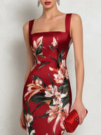 Red Floral Satin Square Neck Sleeveless Sheath Midi Dress