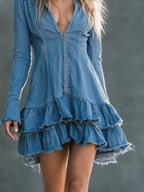 Boho Western Blue Denim Plunge Zip-Front Long-Sleeve Ruffle Mini Dress