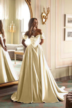 Satin V-Neck Off-The-Shoulder Short Sleeves Long A-Line Prom Dress With Embroidered And Pleated WQ0422