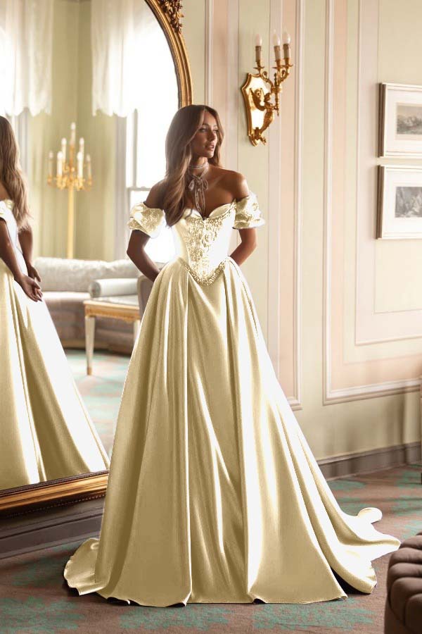 Satin V-Neck Off-The-Shoulder Short Sleeves Long A-Line Prom Dress With Embroidered And Pleated WQ0422