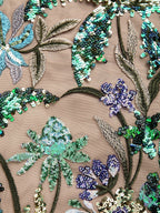 Green Glitter Slit Sequin Boat Neck Short Sleeve Sheath Maxi Dress