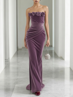 Wine Red 3D Floral Velvet Strapless Sleeveless Sheath Gown Dress