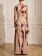 Light Khaki Floral 3D Floral Classic Boat Neck Sleeveless A-Line Maxi Dress