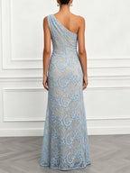 Light Blue Lace Jacquard One Shoulder Sleeveless Mermaid Floor-length Gown Dress