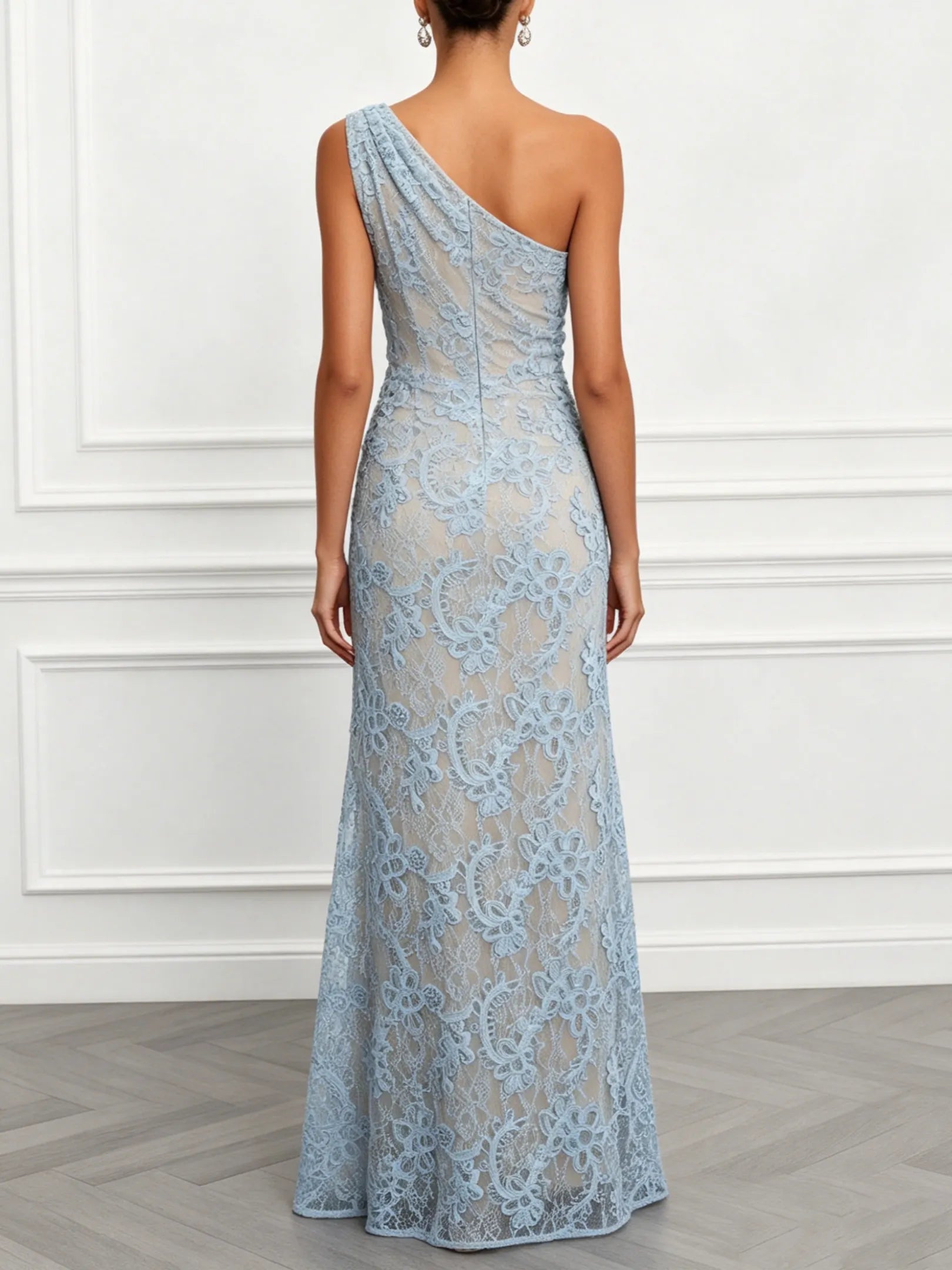 Light Blue Lace Jacquard One Shoulder Sleeveless Mermaid Floor-length Gown Dress