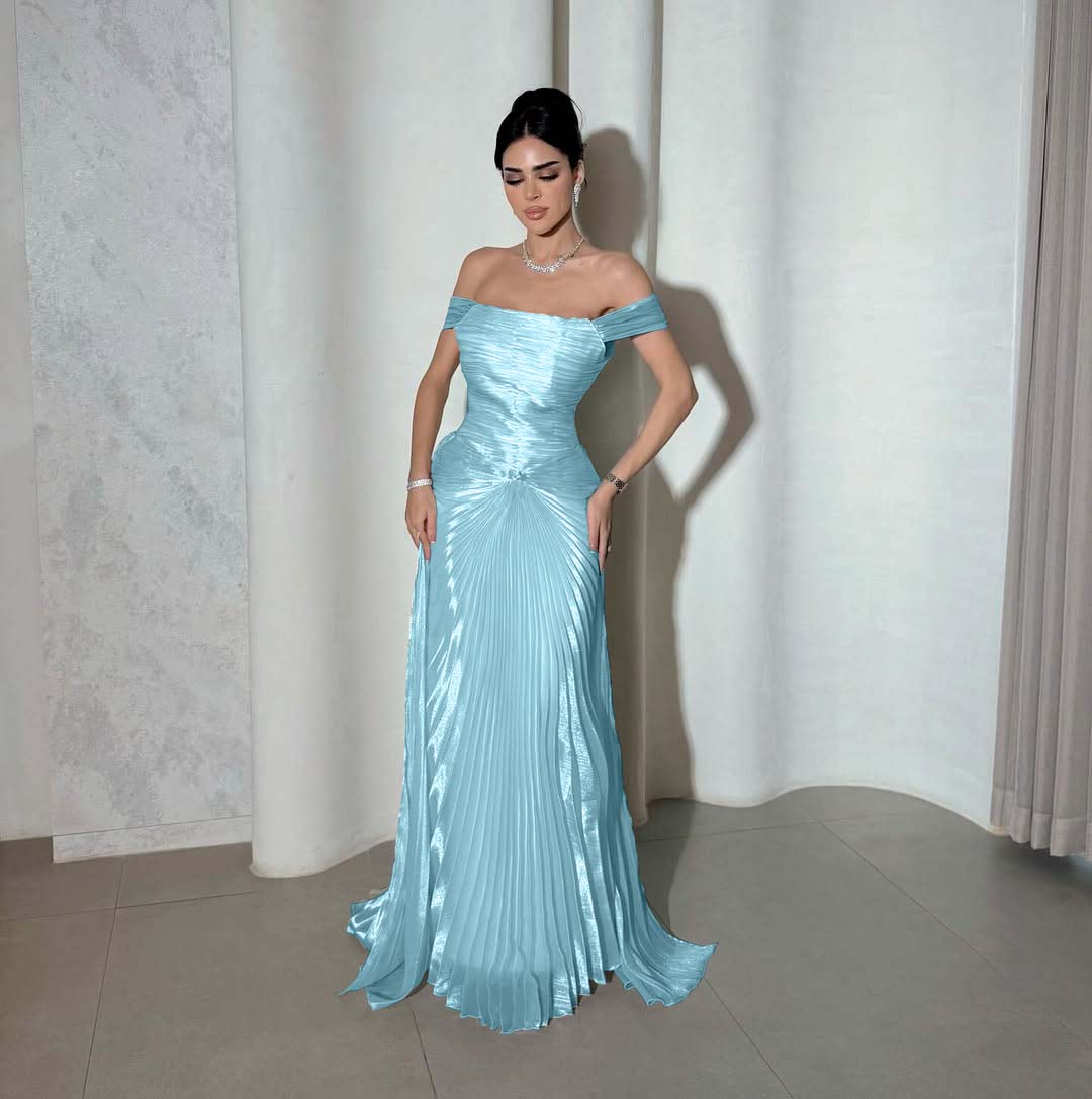 Chic Off the Shoulder Sleeveless Long Prom Dress With Pleated YK0266