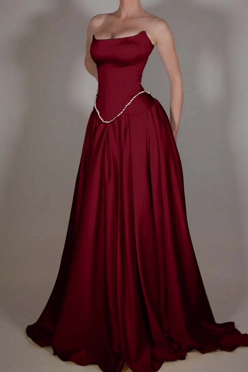 Cocoslly Strapless Sleeveless Long A Line Prom Dress With Pleated Beading