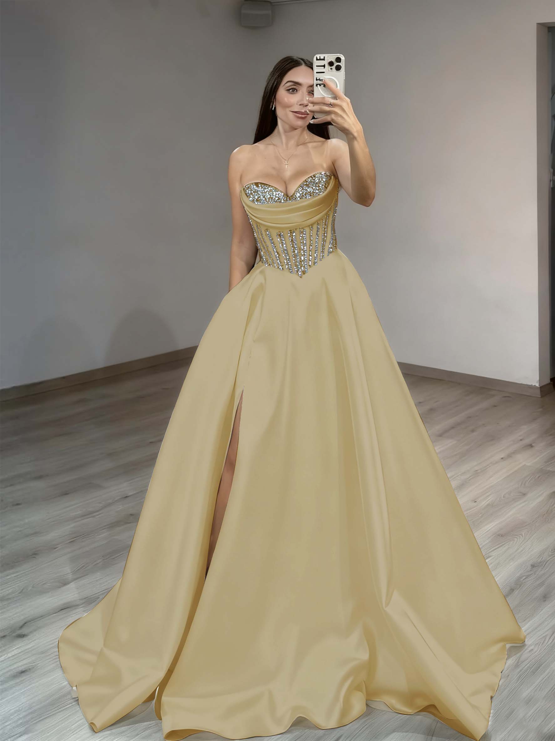Satin Sweetheart Sleeveless Long Pleated A-Line Prom Dress With Rhinstone And Split YK0584