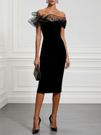 Black 3D Floral Beaded Classic Off The Shoulder Short Sleeve Sheath Midi Dress