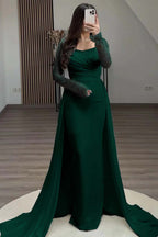 Square Neck Long Sleeves High Waist Long Pleated Mermaid Prom Dress With Beadings And Ruffles YS0057