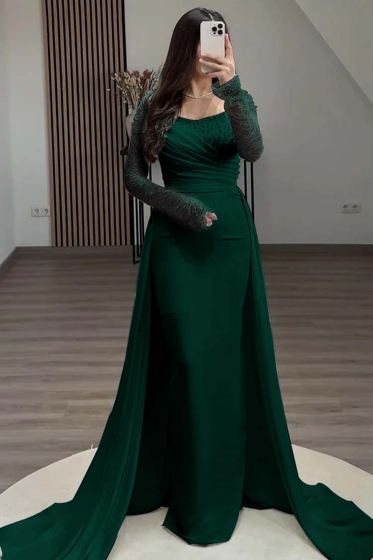 Square Neck Long Sleeves High Waist Long Pleated Mermaid Prom Dress With Beadings And Ruffles YS0057