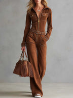 Retro Western Tan Faux-Suede Collared Zip-Front Wide-Leg Jumpsuit