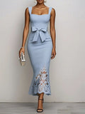 Light Blue Bow Lace Classic Sweetheart Neckline Sleeveless Mermaid Maxi Dress