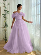 Tulle Off-The-Shoulder Strapless Sleeveless Long Pleated A-Line Prom Dress With Flower Appliques And Split YK0615