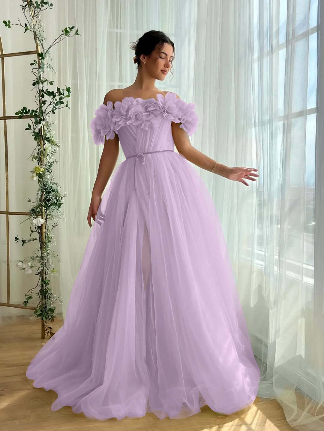 Tulle Off-The-Shoulder Strapless Sleeveless Long Pleated A-Line Prom Dress With Flower Appliques And Split YK0615