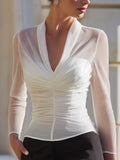 Ruched Sheer Mesh Long Sleeve Sculpted Blouse