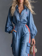 Retro Sporty Blue Cotton-Linen Collared Button-Front Cargo Wide-Leg Jumpsuit