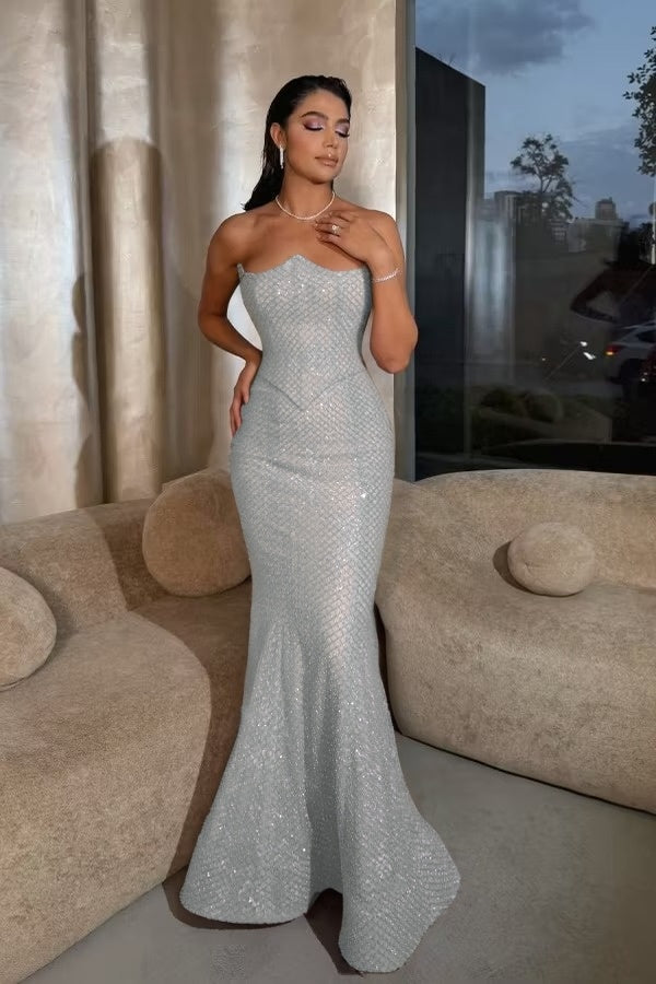 Cocoslly Strapless Sleeveless High Waist Long Mermaid Prom Dress | Lilac Sequins ZT0602