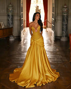 Satin Deep V-Neck Strapless Sleeveless Long Pleated Mermaid Prom Dress With Ruffles And Beadings YK0644
