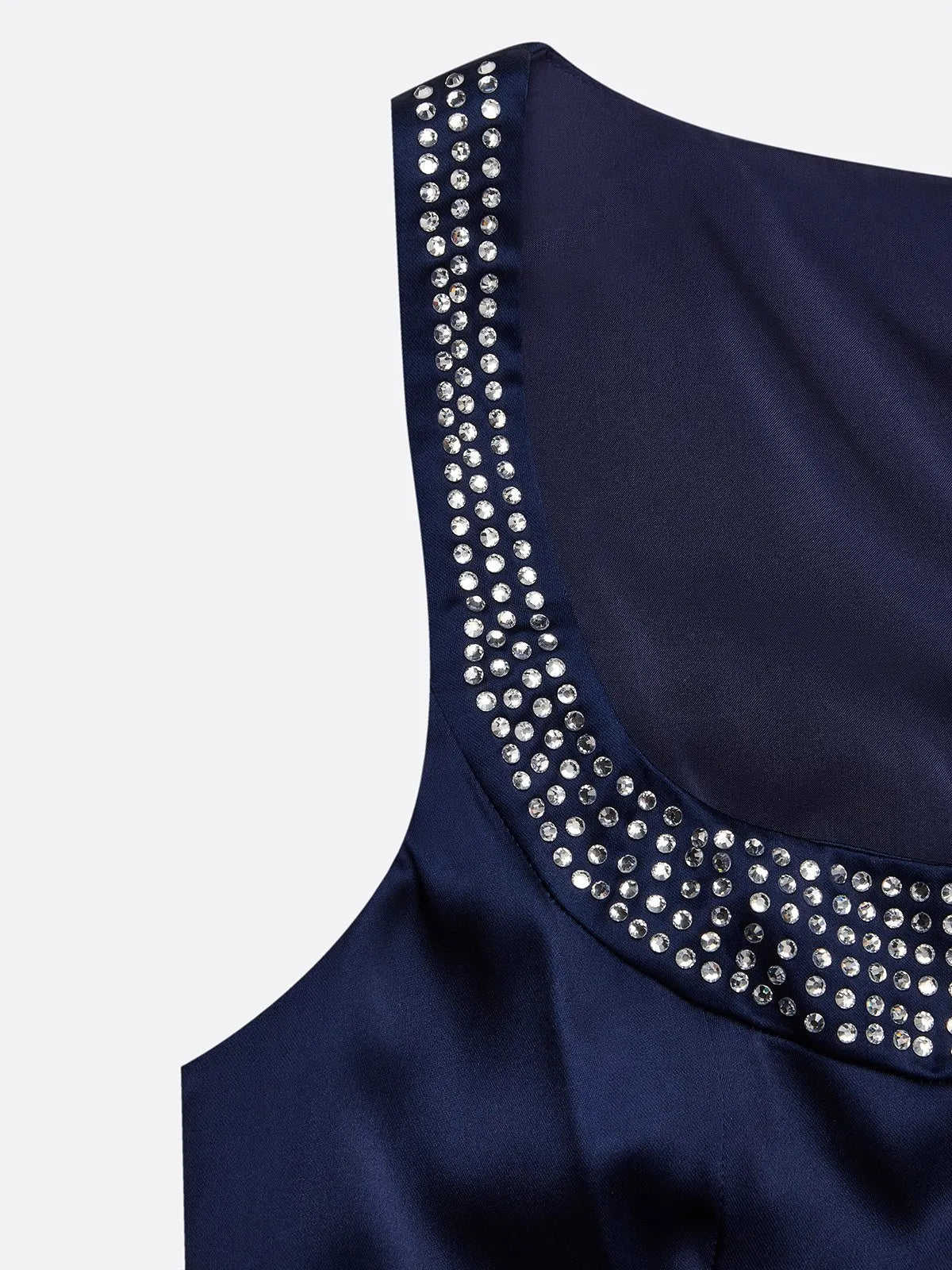 Purplish Blue Hotfix Embellished Bow Satin Square Neck Sleeveless Sheath Midi Dress