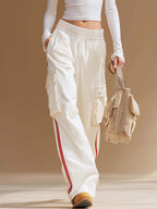 Sporty White Half-Zip Collared Long-Sleeve Crop Top And Red-Stripe Cargo Wide-Leg Pants Set