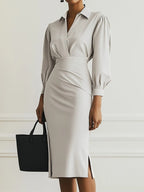 Women Light Gray Ruched Shirt Collar Long Sleeve Dressy Top With Skirt Two-Piece Set