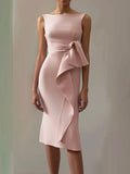 Pink Ruched Boat Neck Sleeveless Sheath Midi Dress
