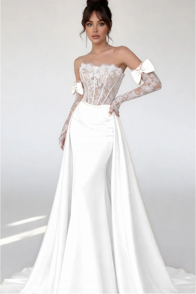 Cocoslly Strapless Sleeveless High Waist Long Mermaid Prom Dress With Long Sleeves And Lace | Blushing Pink Satin