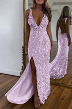Cocoslly Spaghetti Straps V Neck Sleeveless High Neck Long Prom Dress with Split | Glod Champage  Sequins MS0489