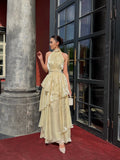 Cocoslly Halter Sleeveless High Waist Long A Line Prom Dress With Ruffles | Champage Satin