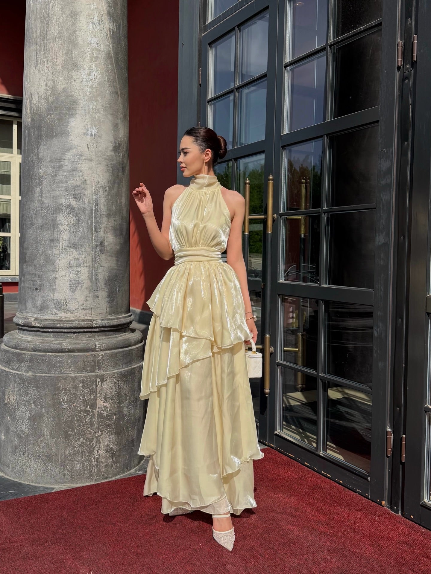 Cocoslly Halter Sleeveless High Waist Long A Line Prom Dress With Ruffles | Champage Satin