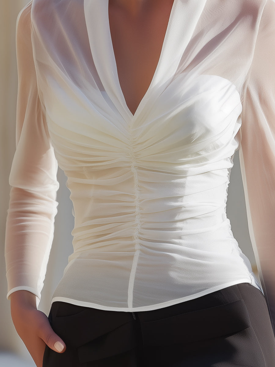Ruched Sheer Mesh Long Sleeve Sculpted Blouse