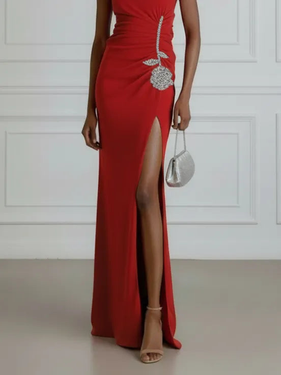 Red Applique Side-Slit Knit Boat Neck Cap Sleeve Bodycon Maxi Dress