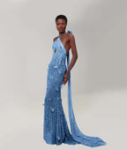 Cocoslly Halter Sleeveless High Waist Long Mermaid Prom Dress With Sequins | Nude Champage Chiffon YK1282