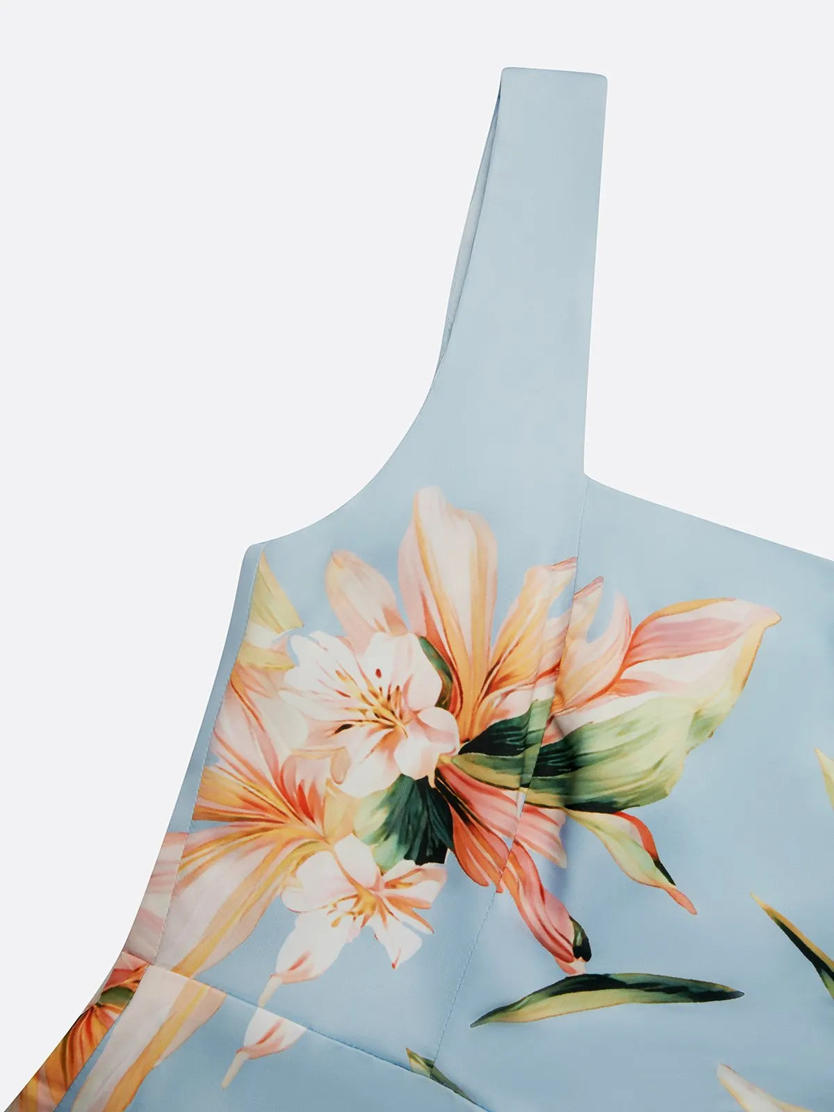 Light Blue Floral Satin Square Neck Sleeveless Sheath Midi Dress