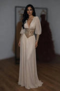Cocoslly V-Neck Long Sleeves High Waist Long Prom Dress With Rhinstone | White Chiffon LR0373