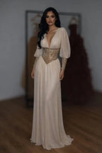 Cocoslly V-Neck Long Sleeves High Waist Long Prom Dress With Rhinstone | White Chiffon LR0373