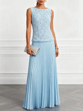 Light Blue Lace Jacquard Classic Boat Neck Sleeveless A-Line Floor-length Gown Dress
