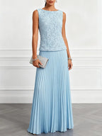 Light Blue Lace Jacquard Classic Boat Neck Sleeveless A-Line Floor-length Gown Dress