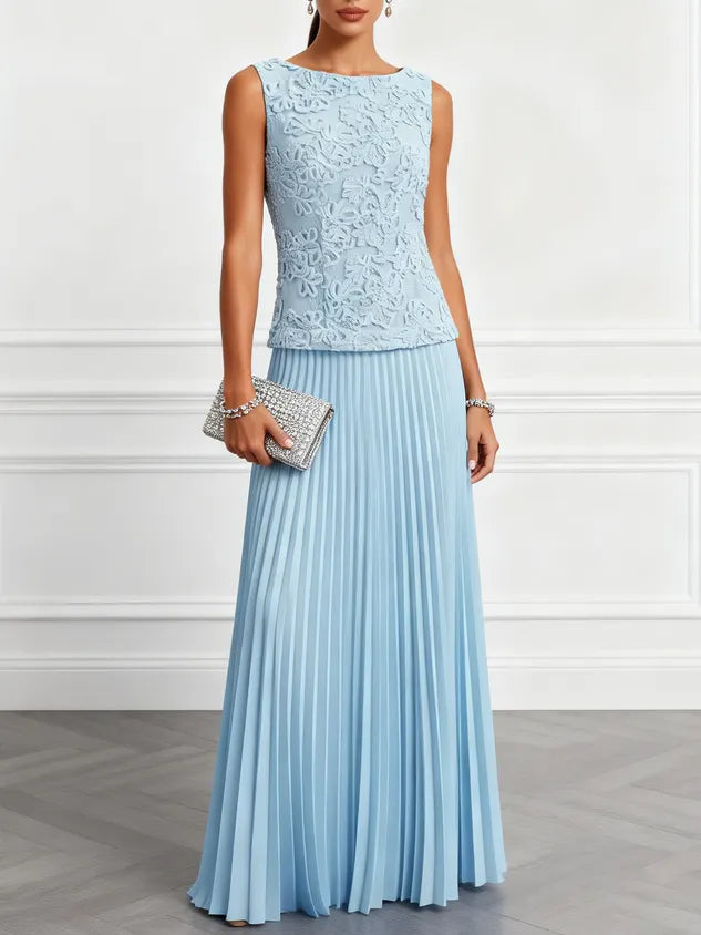 Light Blue Lace Jacquard Classic Boat Neck Sleeveless A-Line Floor-length Gown Dress